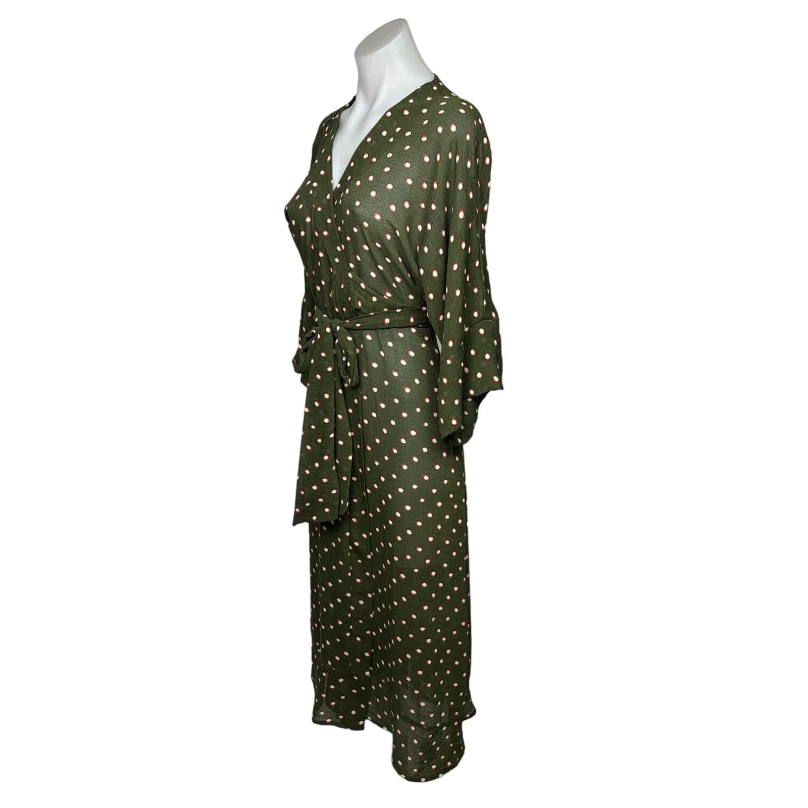 Josa Tulum Green Long Sleeve Polka Dot Print Kimono Wrap Midi Dress One Size