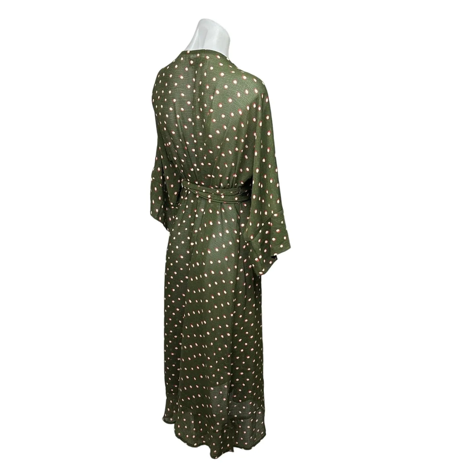 Josa Tulum Green Long Sleeve Polka Dot Print Kimono Wrap Midi Dress One Size