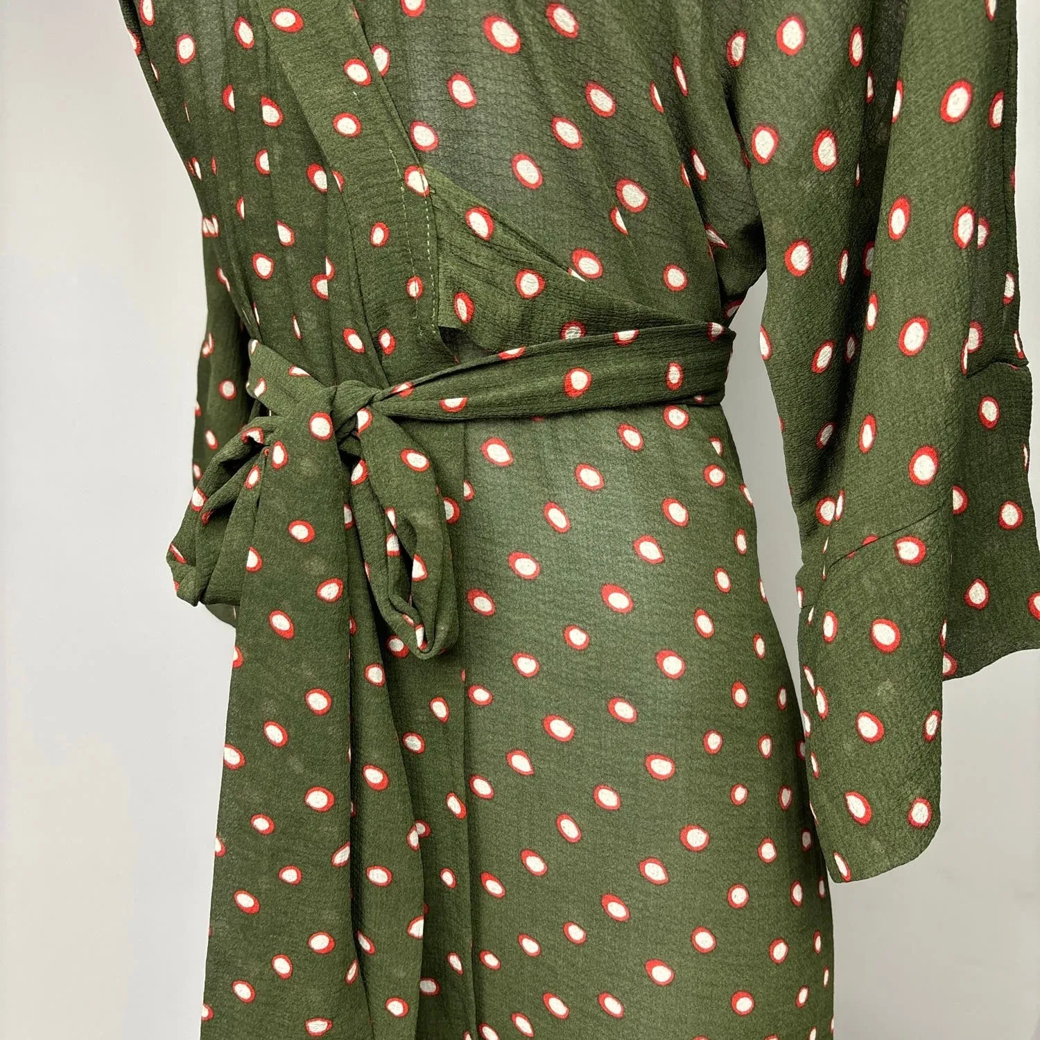 Josa Tulum Green Long Sleeve Polka Dot Print Kimono Wrap Midi Dress One Size