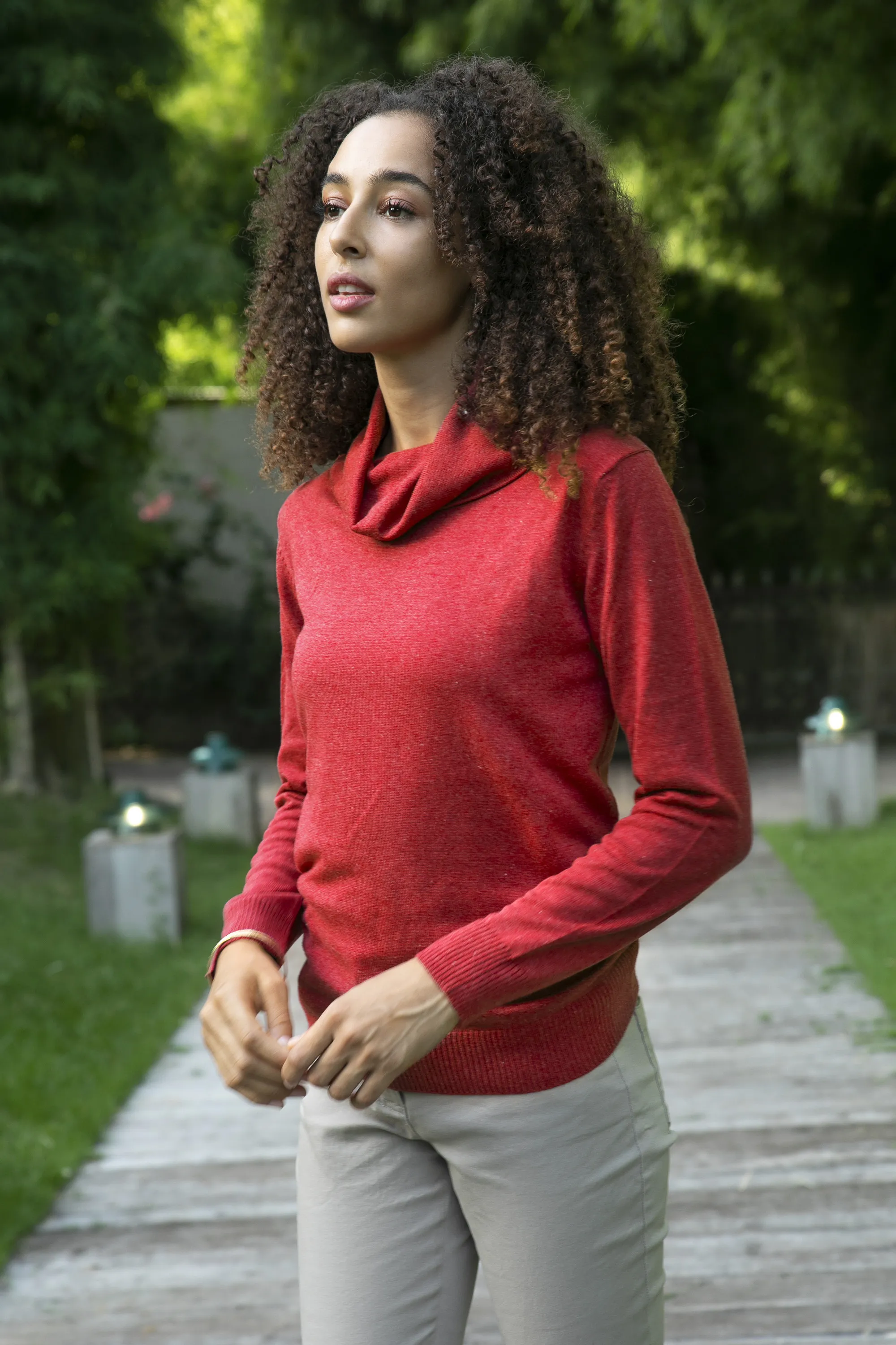 Knit Cotton Blend Pullover in Solid Cerise Red from Peru, 