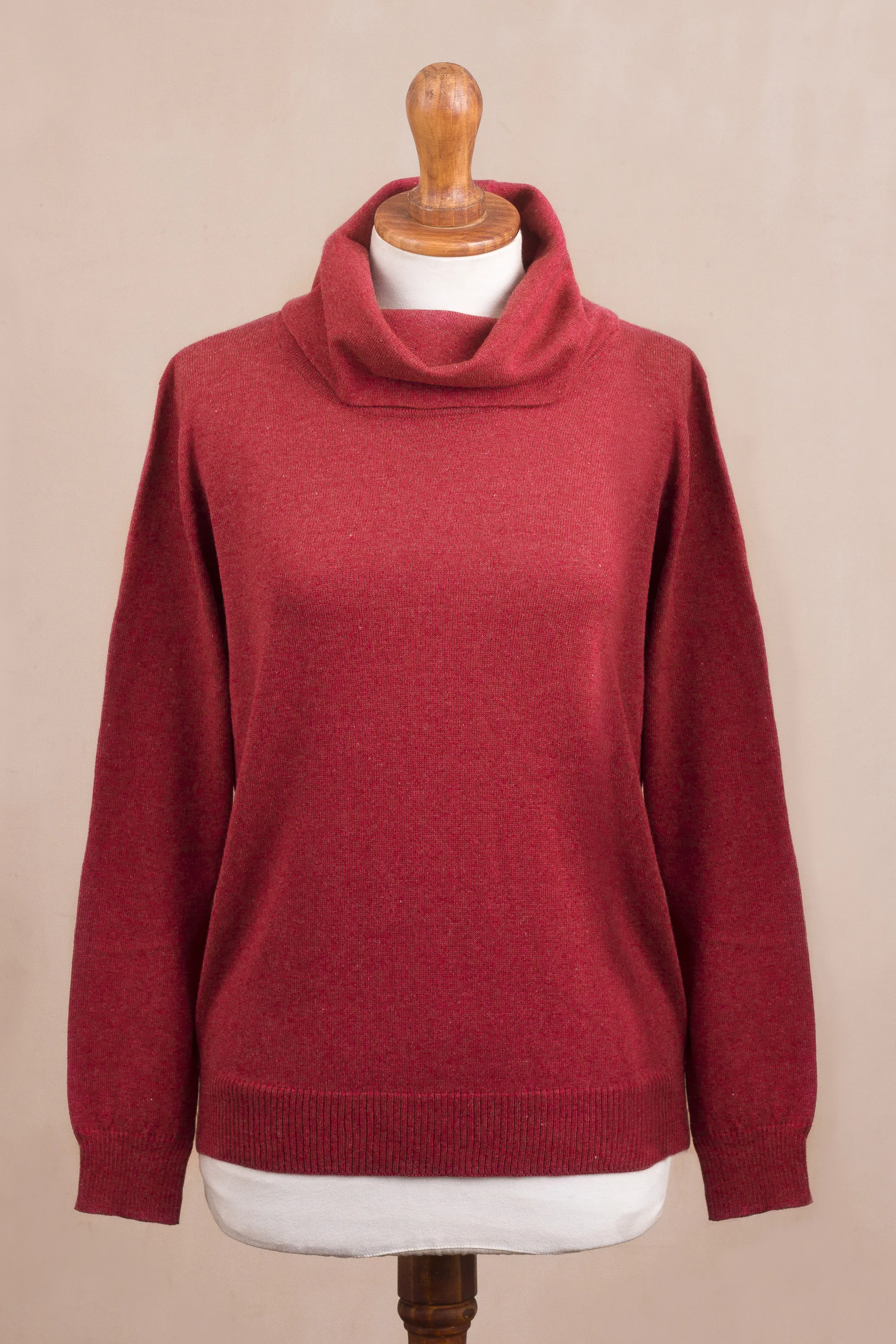 Knit Cotton Blend Pullover in Solid Cerise Red from Peru, 