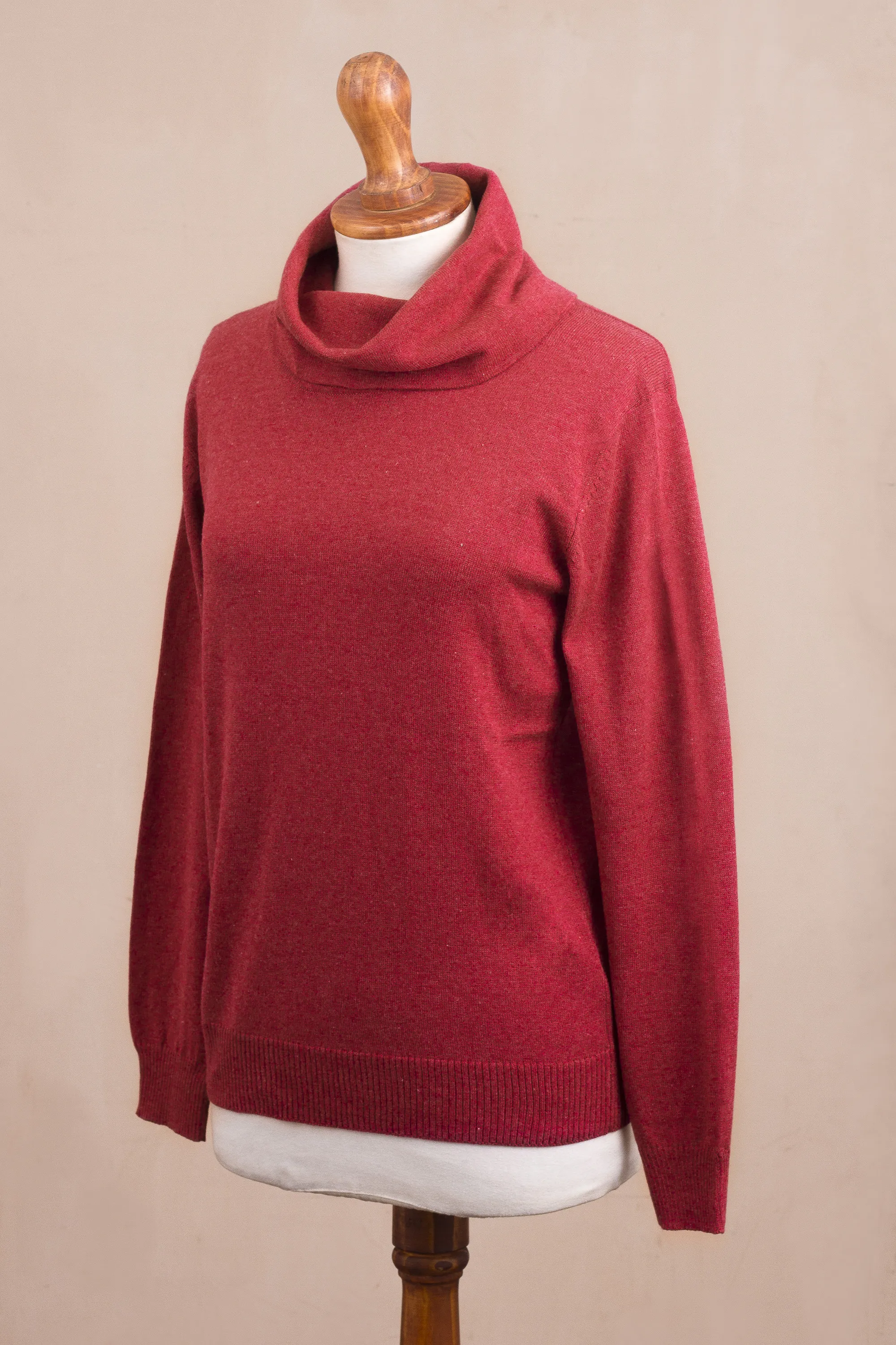 Knit Cotton Blend Pullover in Solid Cerise Red from Peru, 