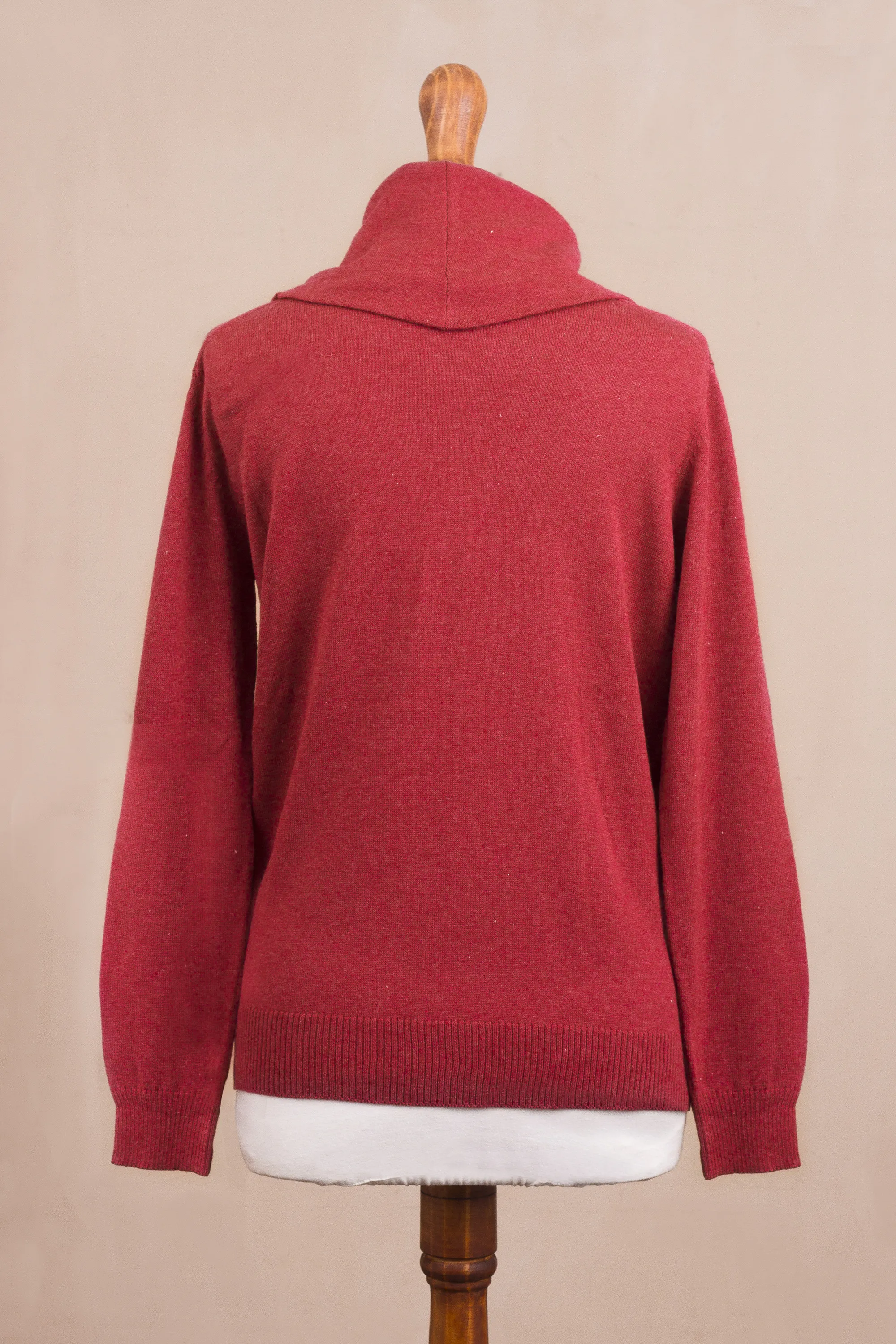 Knit Cotton Blend Pullover in Solid Cerise Red from Peru, 