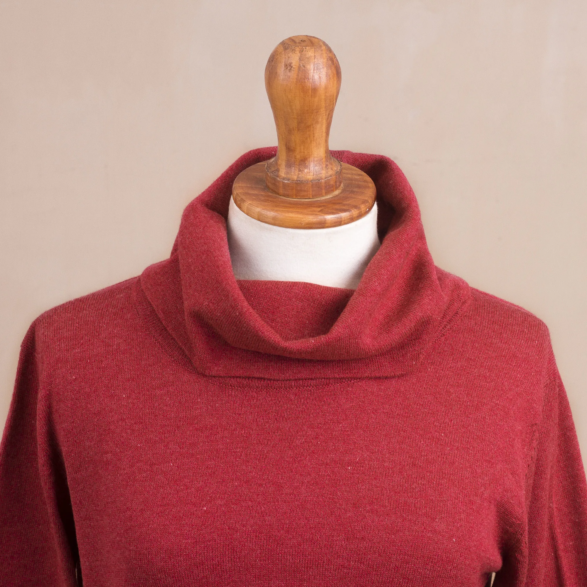 Knit Cotton Blend Pullover in Solid Cerise Red from Peru, 