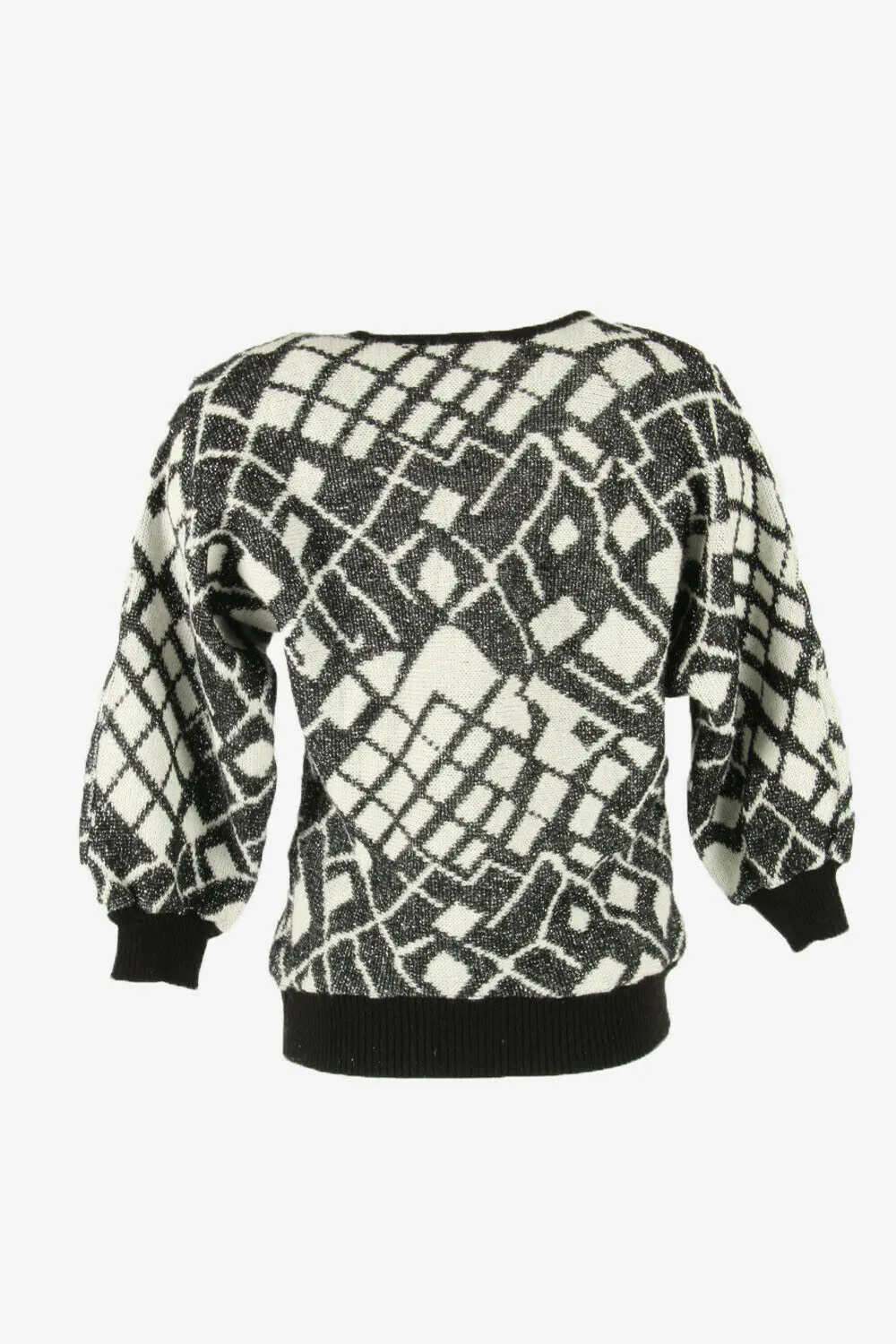 Ladies Jumper Vintage Crew Neck Geometric Pullover Retro Multi Size L - Pepper Tree London