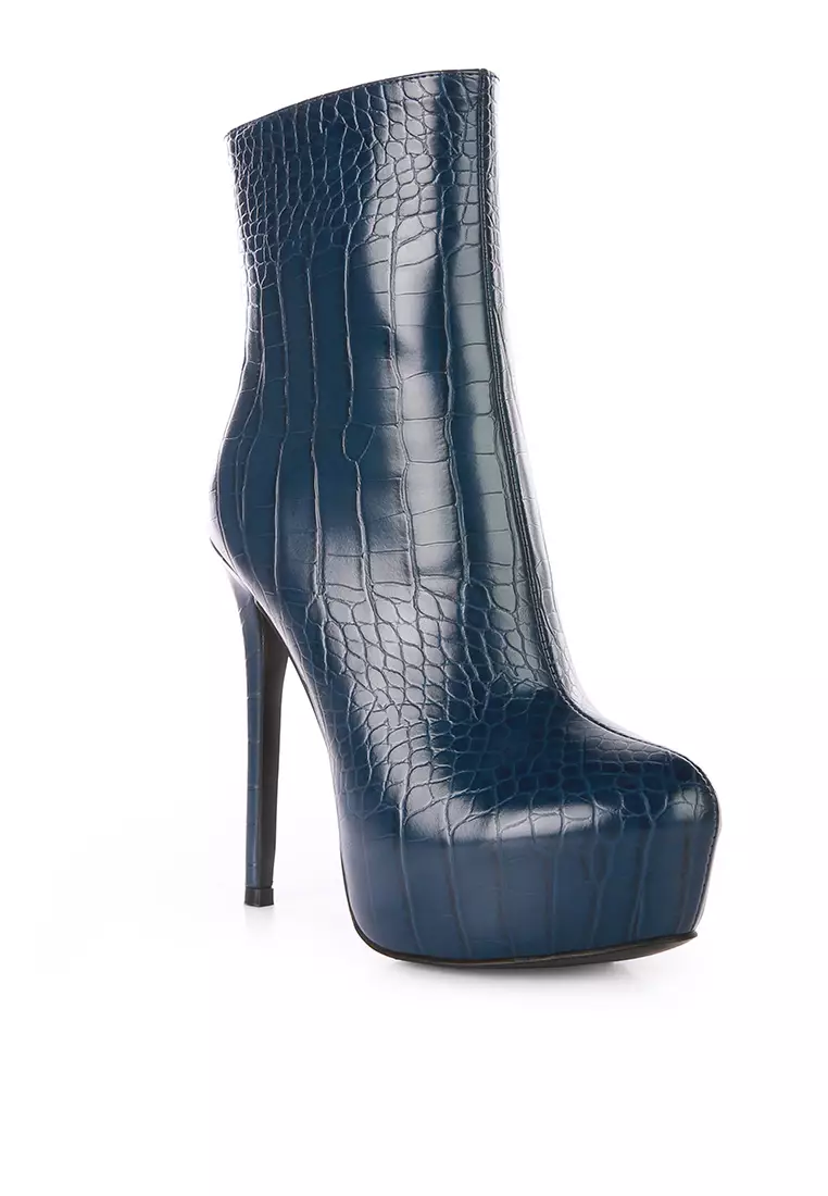 London Rag Navy High Heeled Croc Ankle Boot