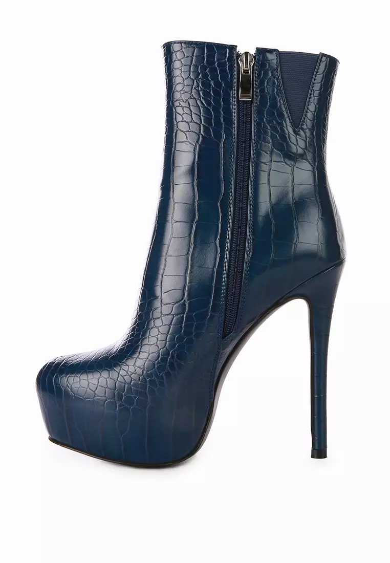 London Rag Navy High Heeled Croc Ankle Boot