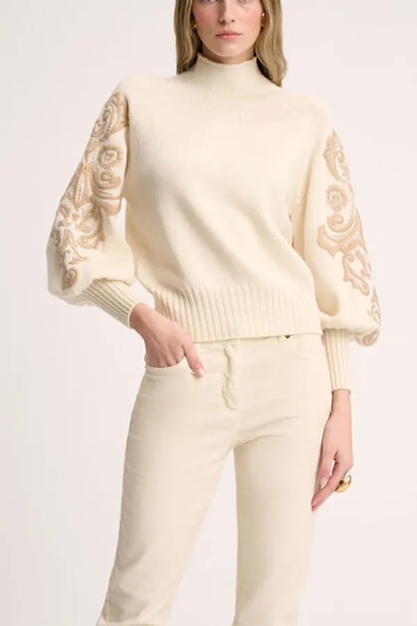 Luisa Spagnoli MINUCCIA CREAM TONAL DAMASK EMBROIDERY PULLOVER