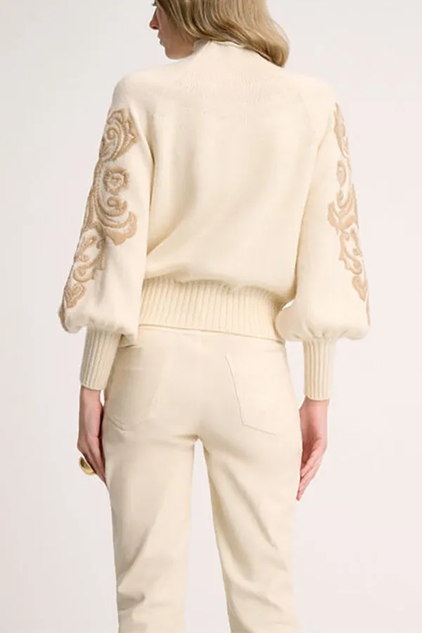 Luisa Spagnoli MINUCCIA CREAM TONAL DAMASK EMBROIDERY PULLOVER