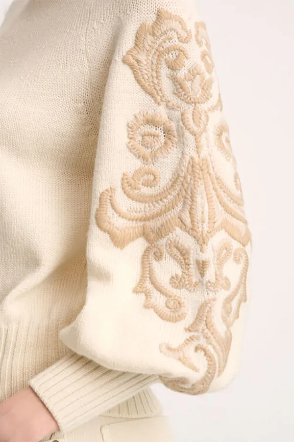 Luisa Spagnoli MINUCCIA CREAM TONAL DAMASK EMBROIDERY PULLOVER