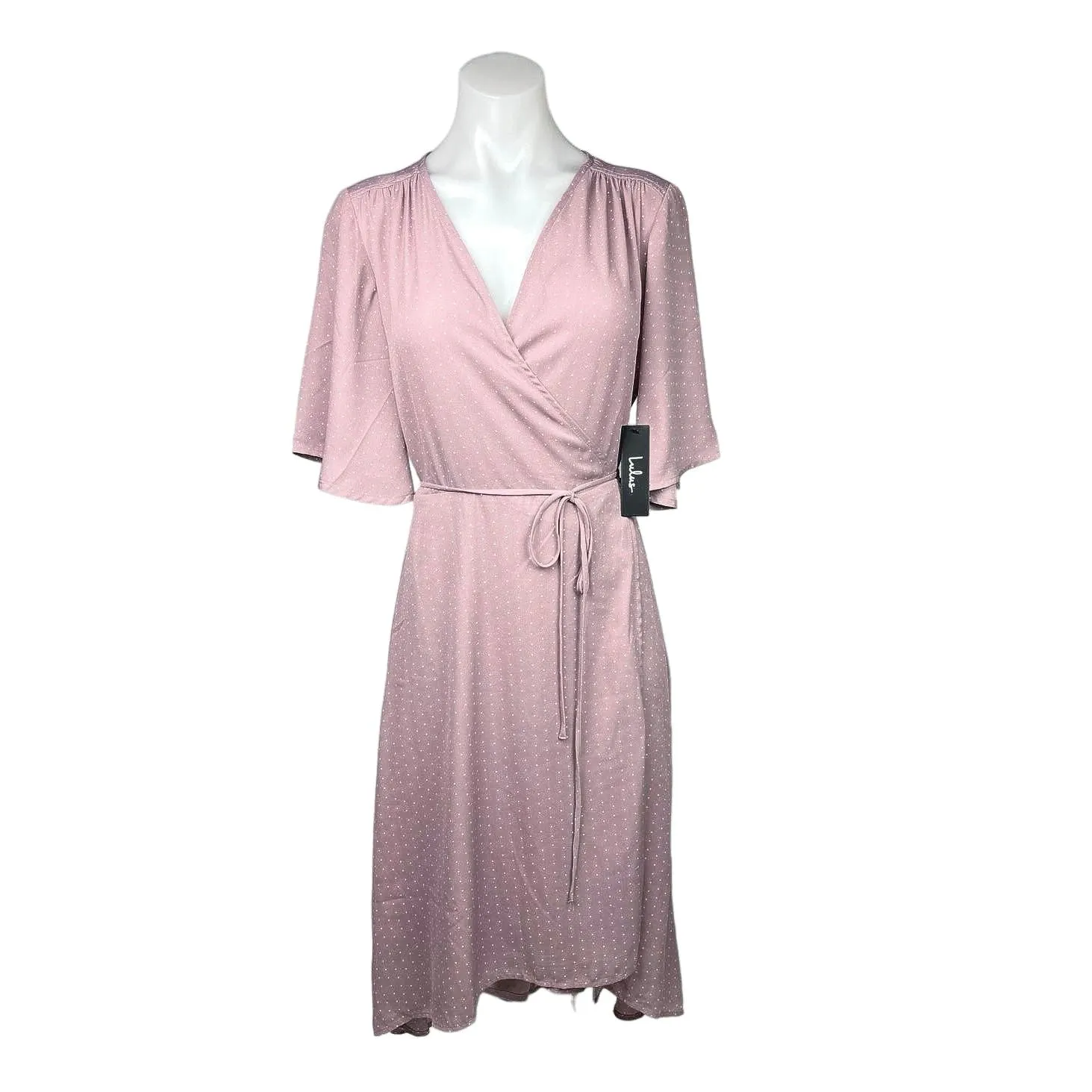 Lulus NWT Farah Pink Mauve V Neck Flowy Tie Flutter Sleeve Midi Wrap Dress Sz M