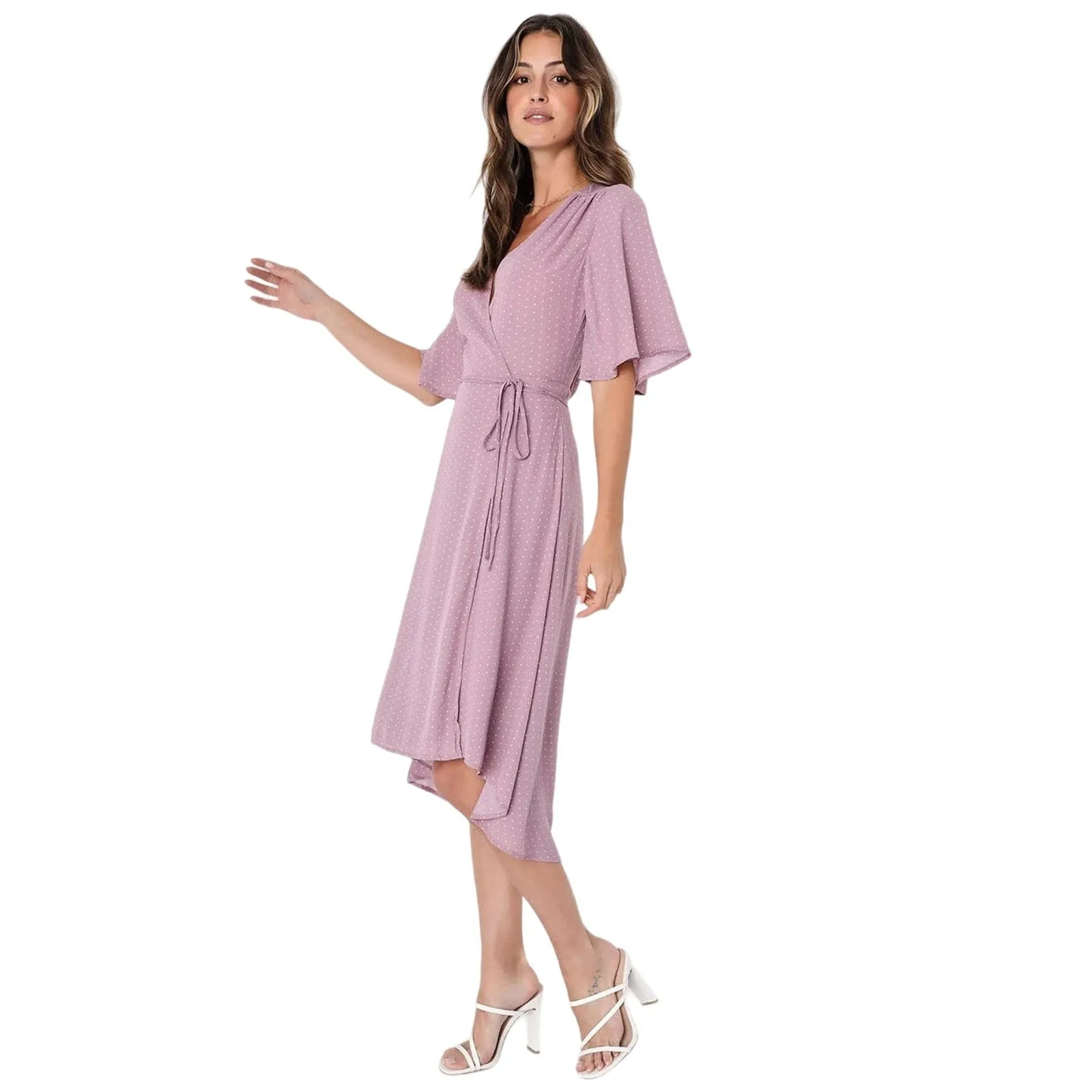 Lulus NWT Farah Pink Mauve V Neck Flowy Tie Flutter Sleeve Midi Wrap Dress Sz M