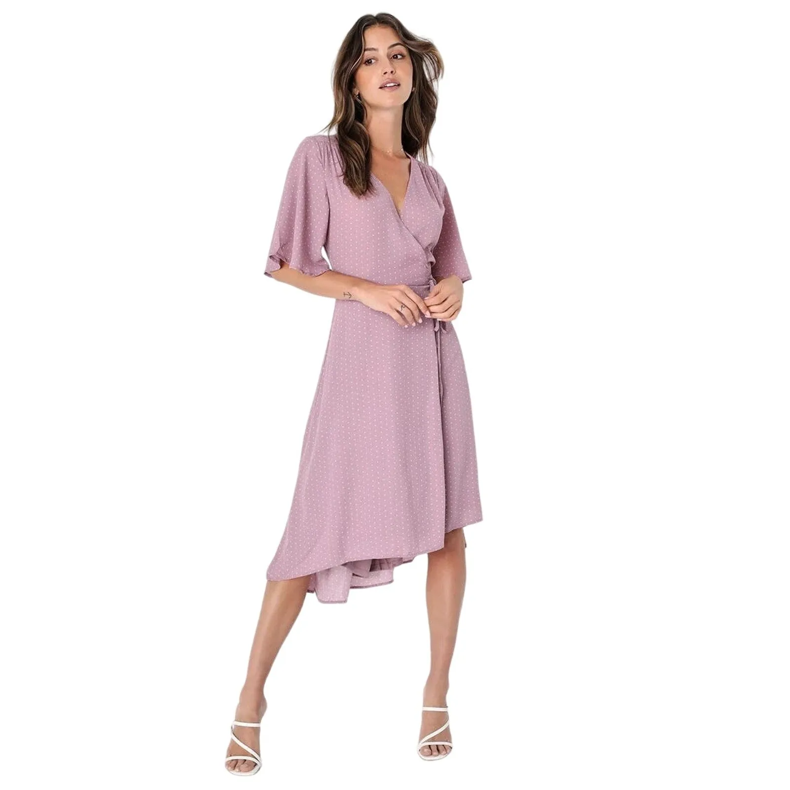 Lulus NWT Farah Pink Mauve V Neck Flowy Tie Flutter Sleeve Midi Wrap Dress Sz M