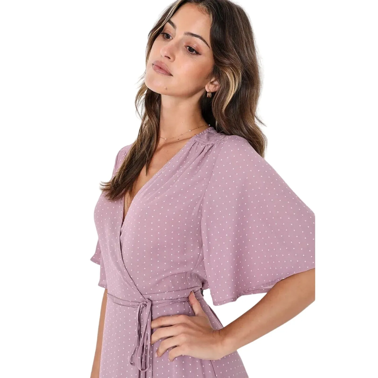 Lulus NWT Farah Pink Mauve V Neck Flowy Tie Flutter Sleeve Midi Wrap Dress Sz M