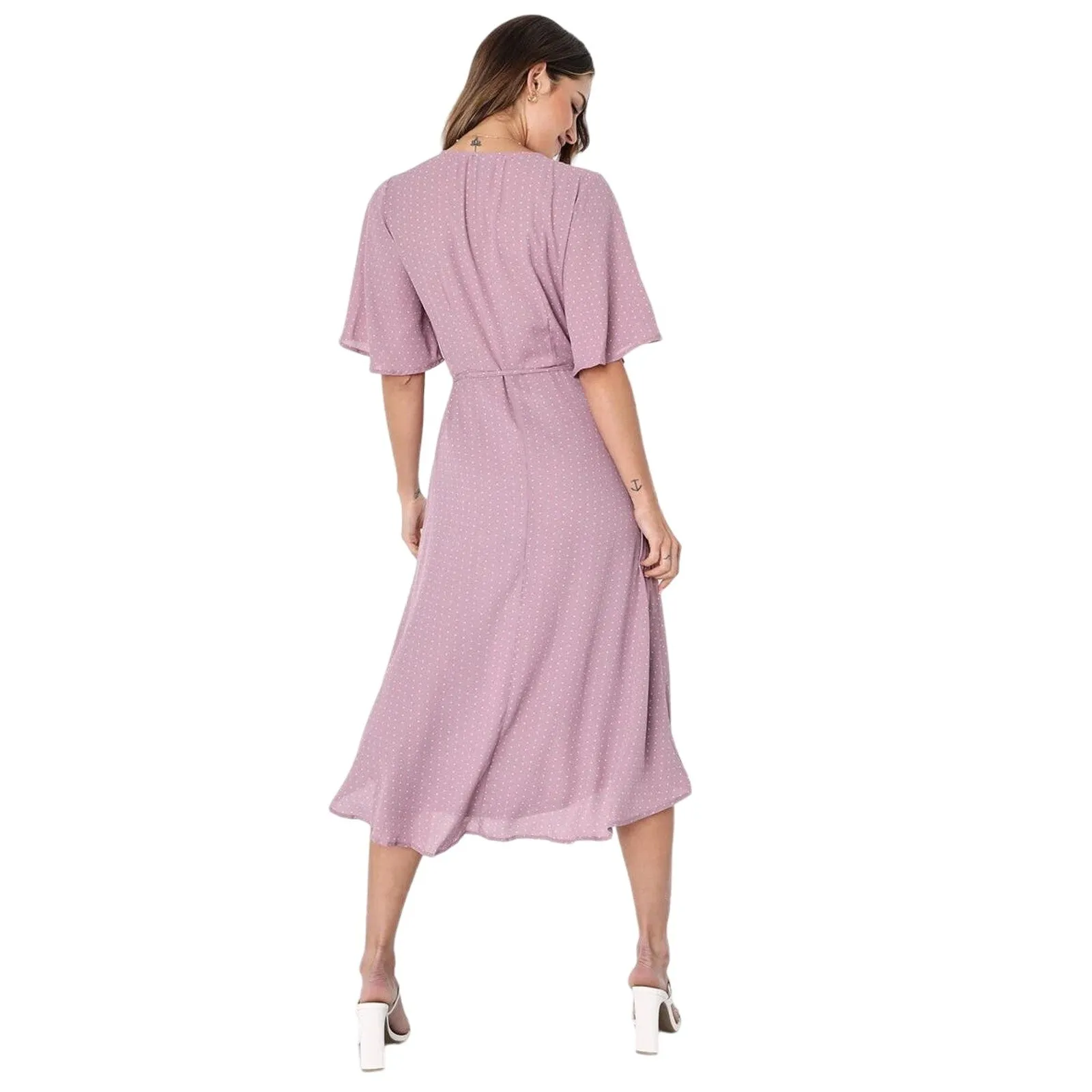 Lulus NWT Farah Pink Mauve V Neck Flowy Tie Flutter Sleeve Midi Wrap Dress Sz M