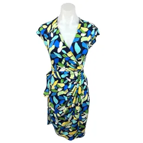 Maggy London Blue Green Cap Sleeve Printed V Neck Mini Wrap Dress Size 0