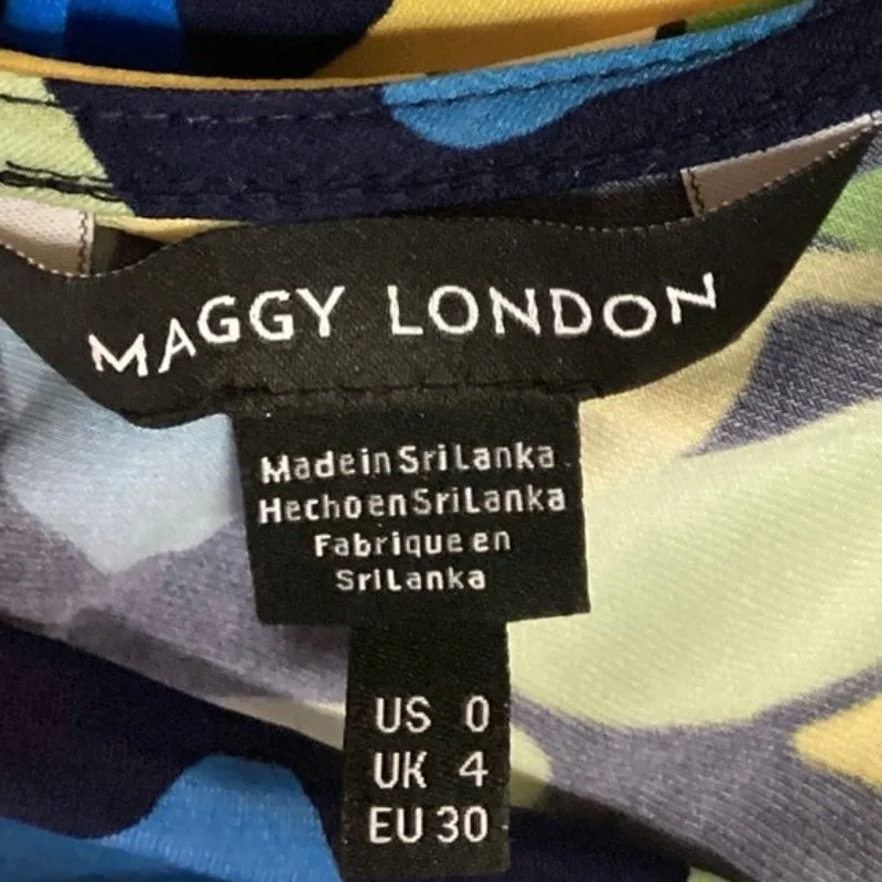 Maggy London Blue Green Cap Sleeve Printed V Neck Mini Wrap Dress Size 0