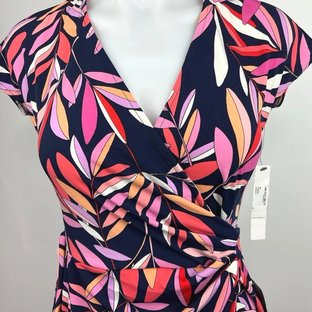 Maggy London NWT Multicolor Printed V Neck Cap Sleeve Mini Wrap Dress Size 4P