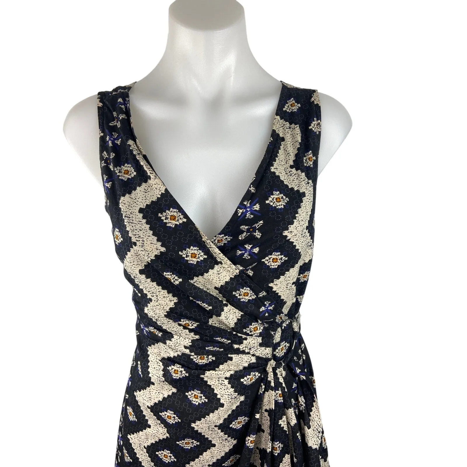 Mango Multicolor Black Aztec Print Sleeveless V-neck Fit & Flare Wrap Dress Sz 6