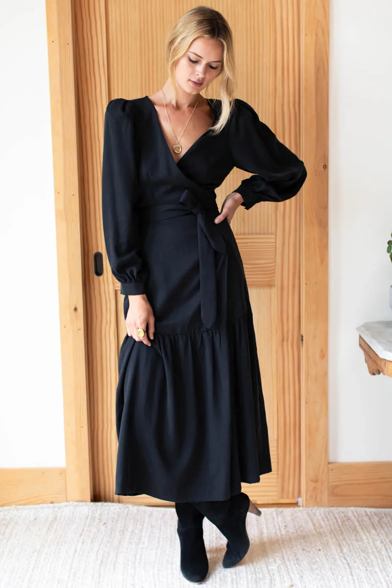 Marigot Tier Wrap Dress - Black Tencel