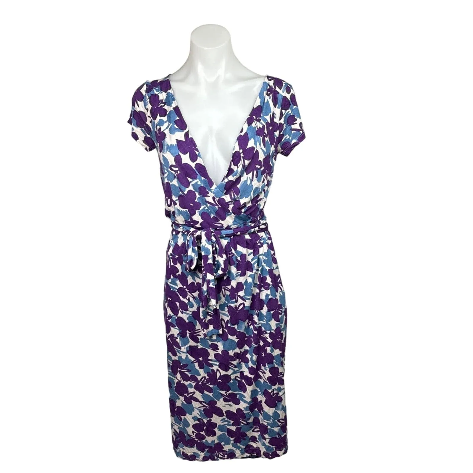 Max Mara Purple Blue Floral Faux Wrap V-Neck Short Sleeve Tie Midi Dress Size S