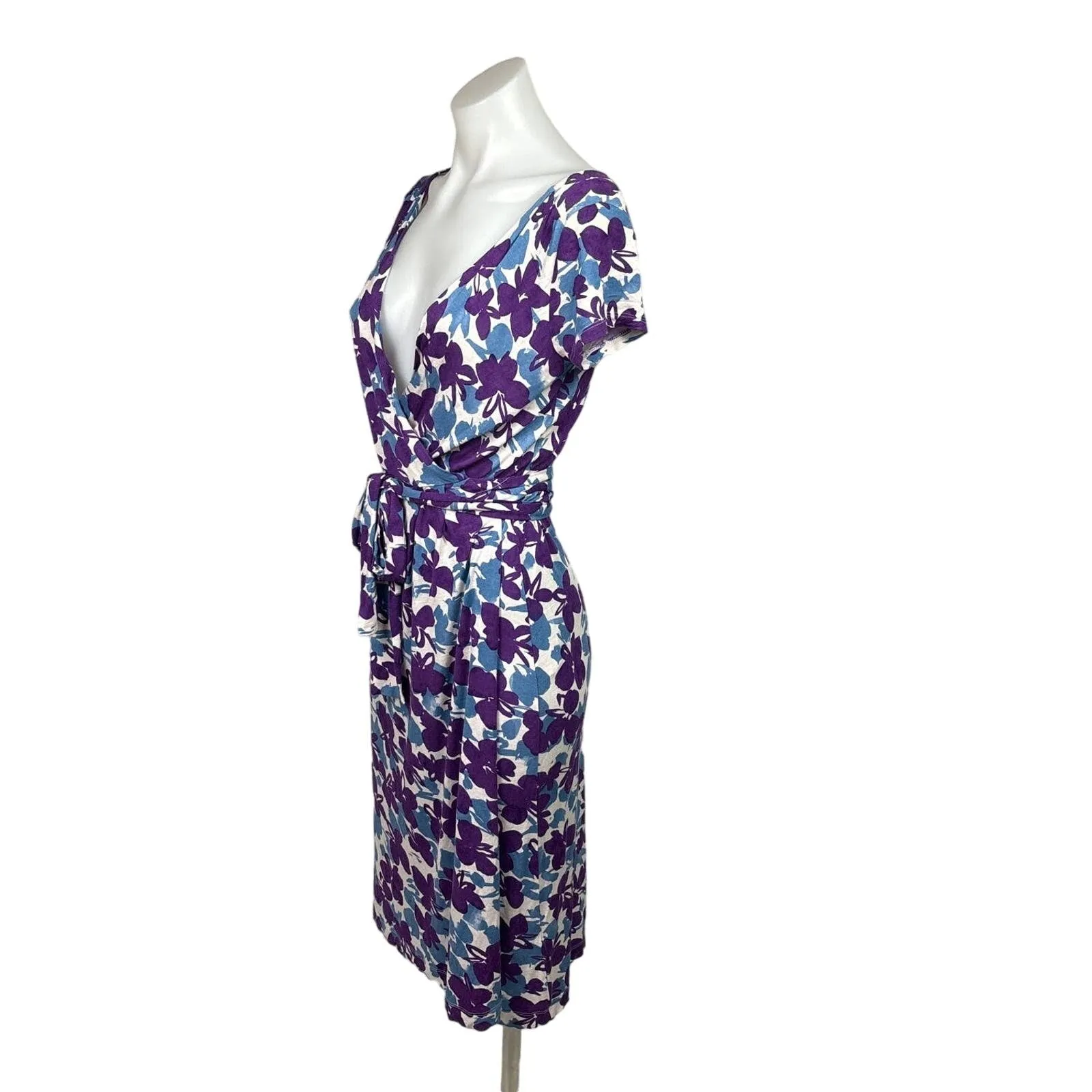 Max Mara Purple Blue Floral Faux Wrap V-Neck Short Sleeve Tie Midi Dress Size S