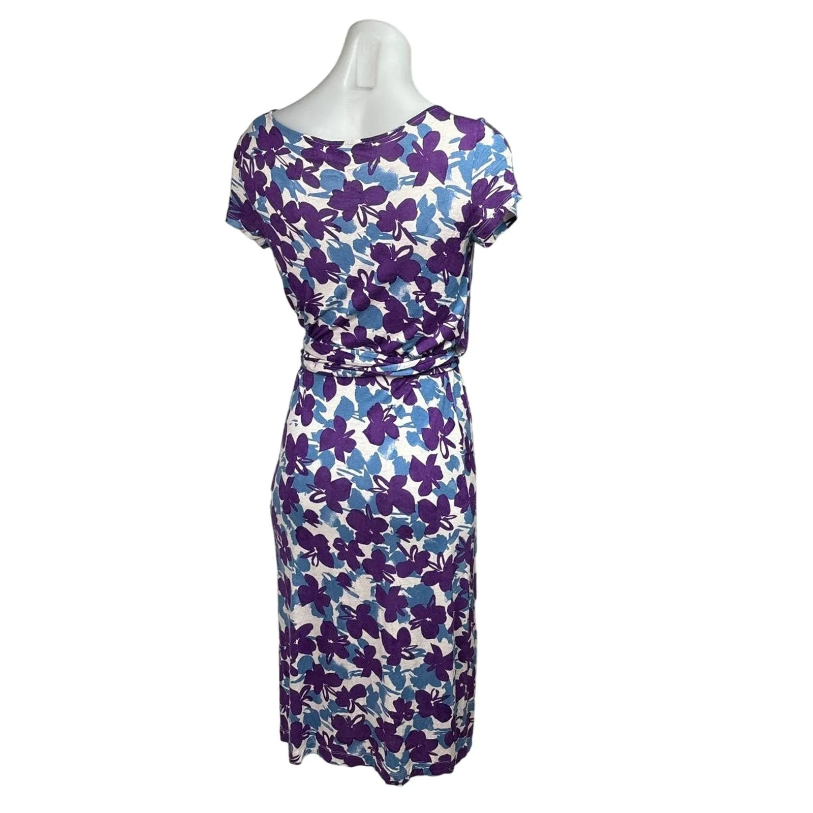 Max Mara Purple Blue Floral Faux Wrap V-Neck Short Sleeve Tie Midi Dress Size S