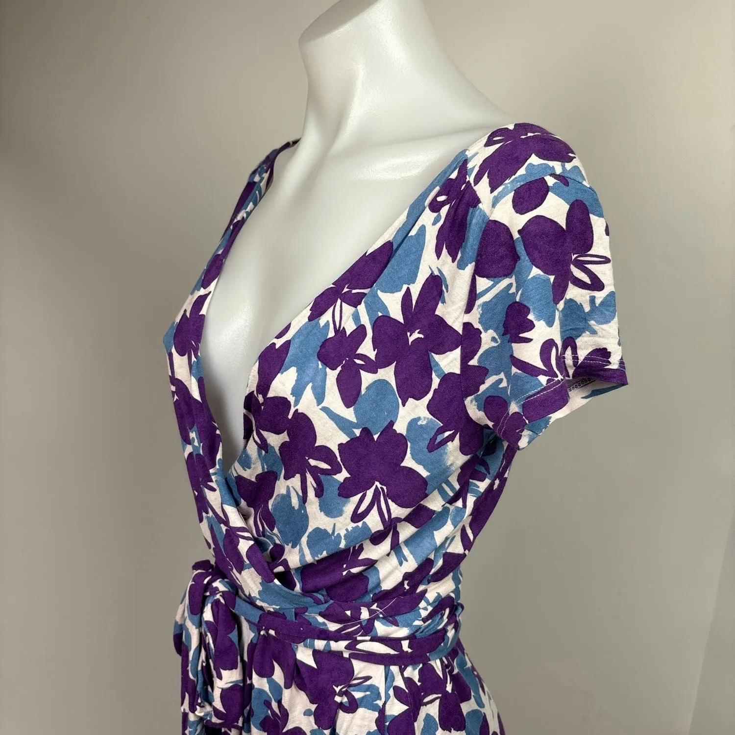 Max Mara Purple Blue Floral Faux Wrap V-Neck Short Sleeve Tie Midi Dress Size S