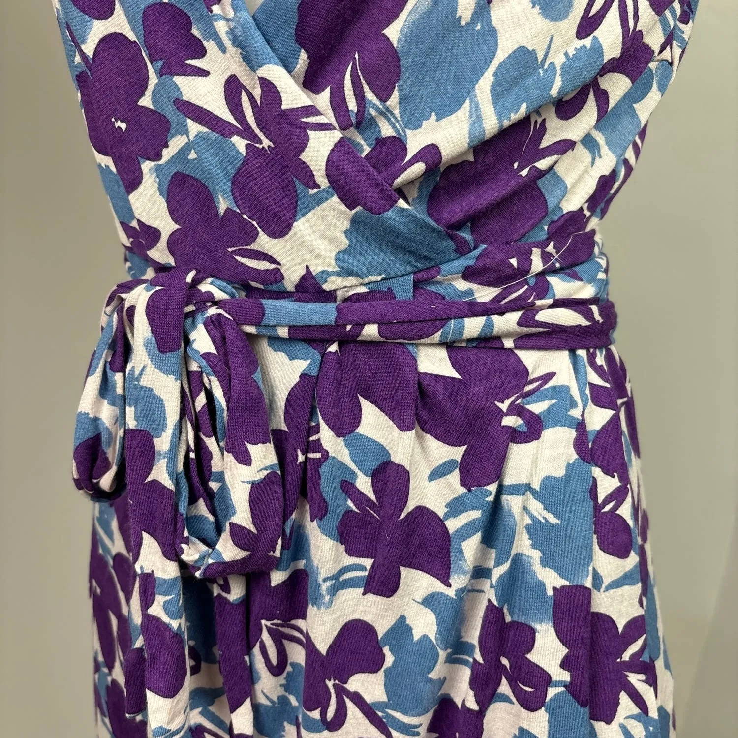 Max Mara Purple Blue Floral Faux Wrap V-Neck Short Sleeve Tie Midi Dress Size S