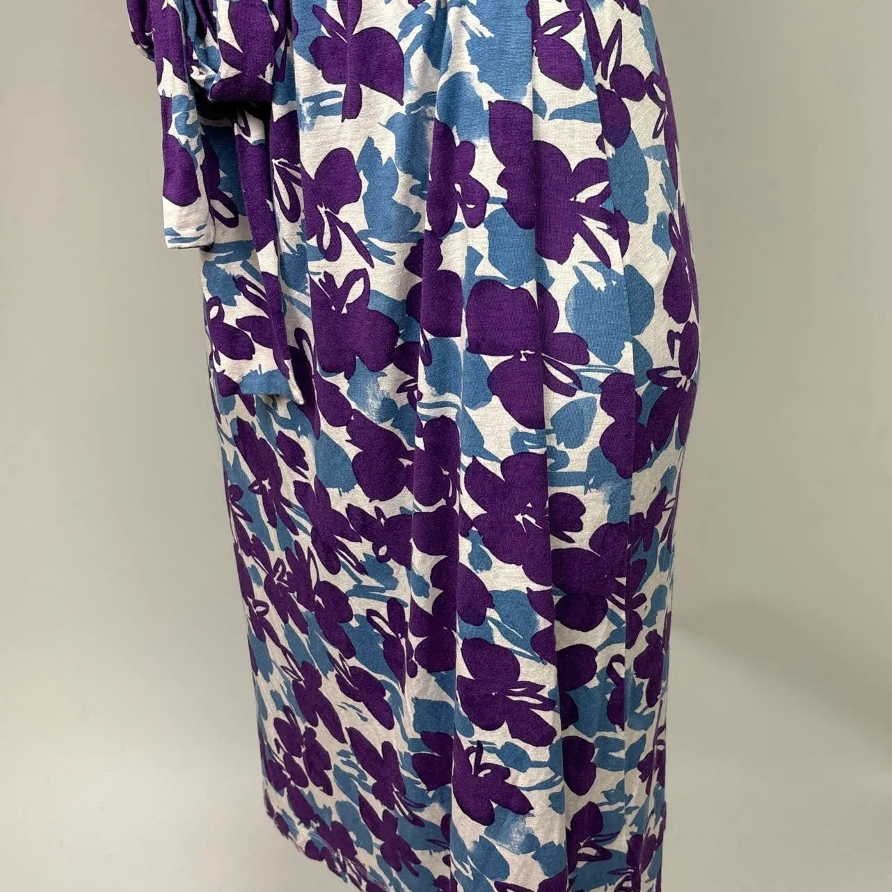 Max Mara Purple Blue Floral Faux Wrap V-Neck Short Sleeve Tie Midi Dress Size S