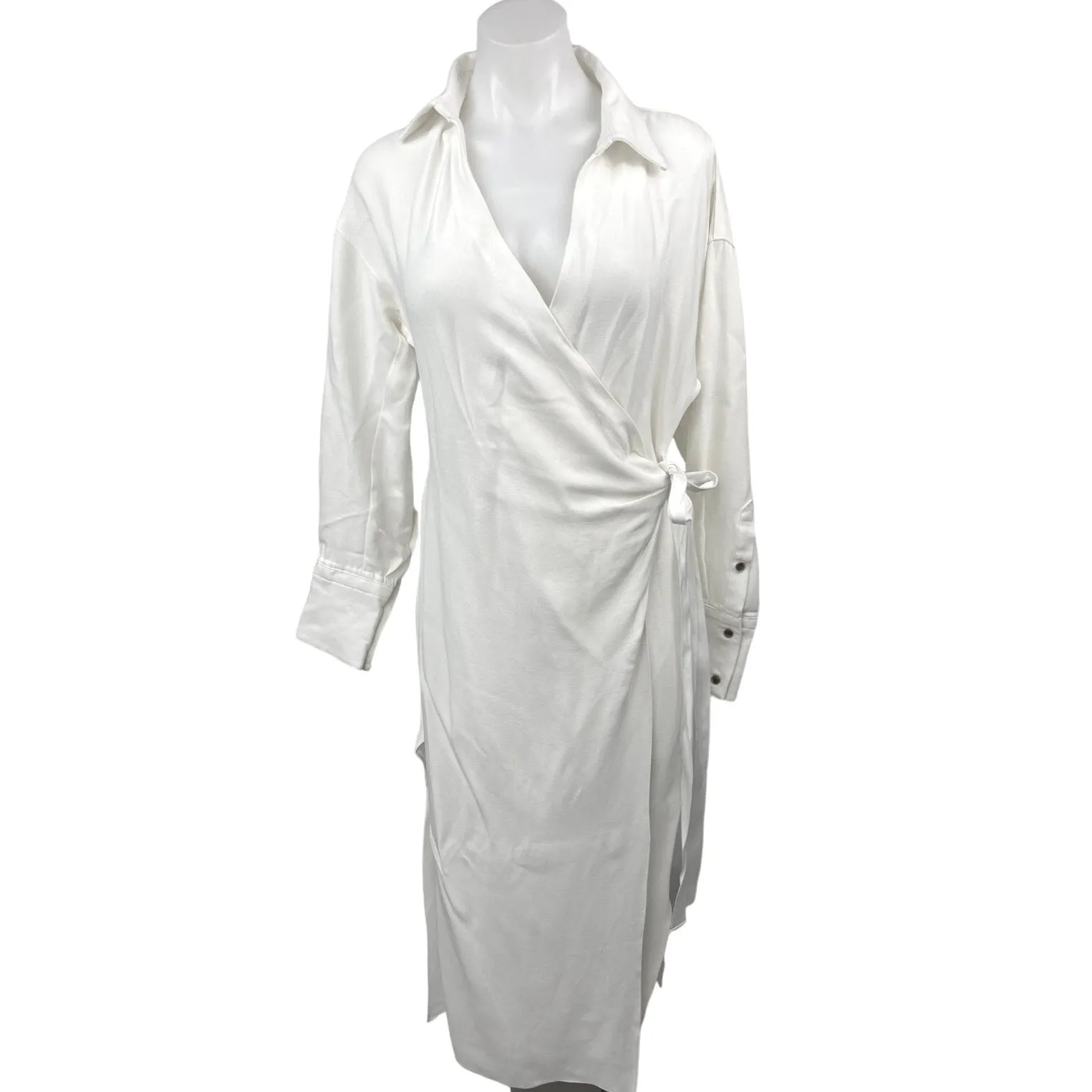 NEW Argent White Collared Wool Crepe Long Sleeve Wrap Shirt Maxi Dress Sz S