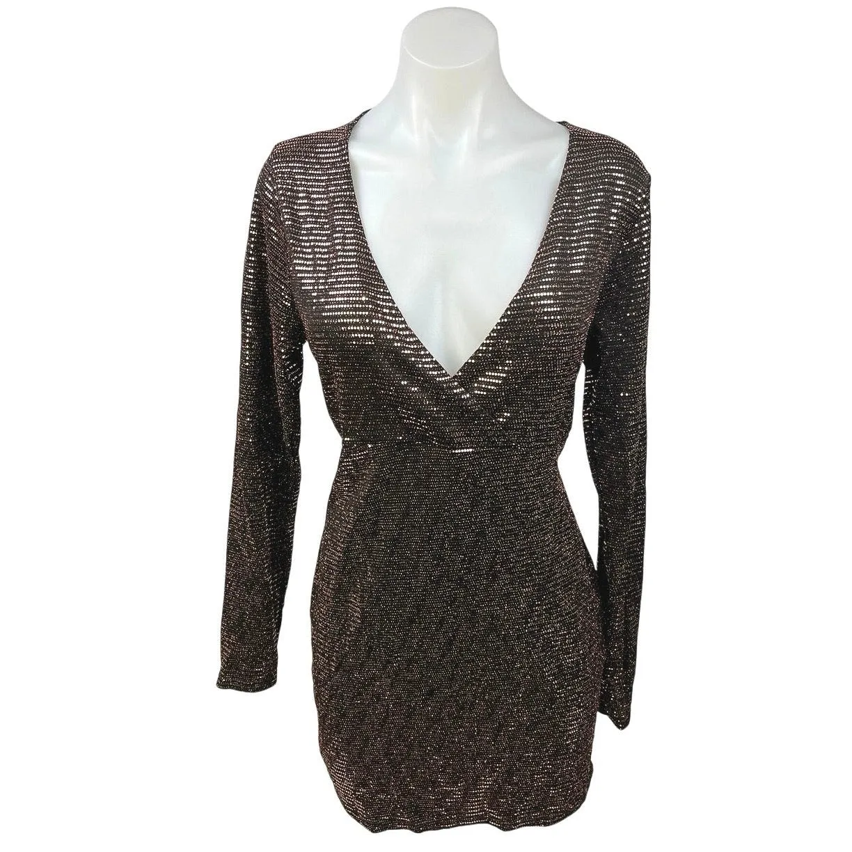 NEW Boohoo Bronze Gold Sequin Long Sleeve Holiday Wrap Mini Bodycon Dress Sz 14