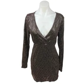 NEW Boohoo Bronze Gold Sequin Long Sleeve Holiday Wrap Mini Bodycon Dress Sz 14