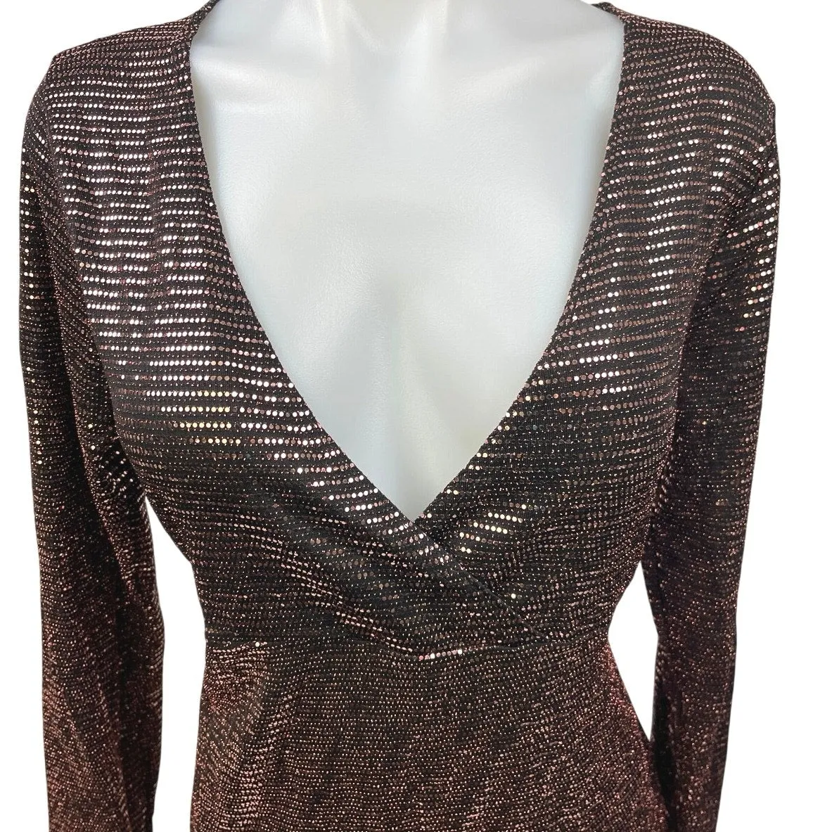 NEW Boohoo Bronze Gold Sequin Long Sleeve Holiday Wrap Mini Bodycon Dress Sz 14