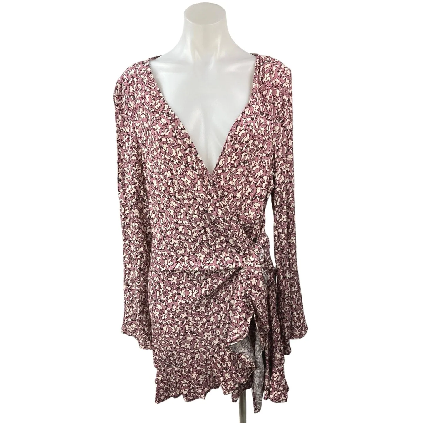 NEW H&M Purple Printed Long Sleeve V Neck Ruffle Mini Wrap Dress Size M