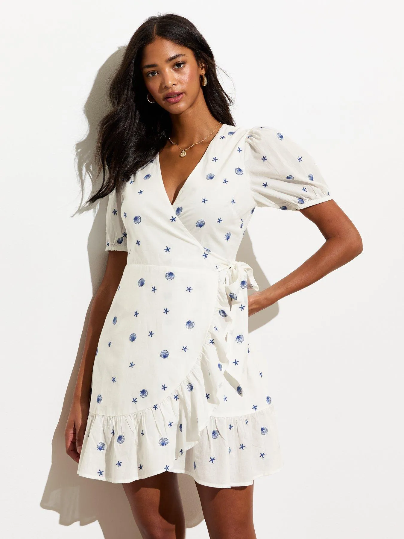 New Look White Embroidered Cotton Wrap Mini Dress