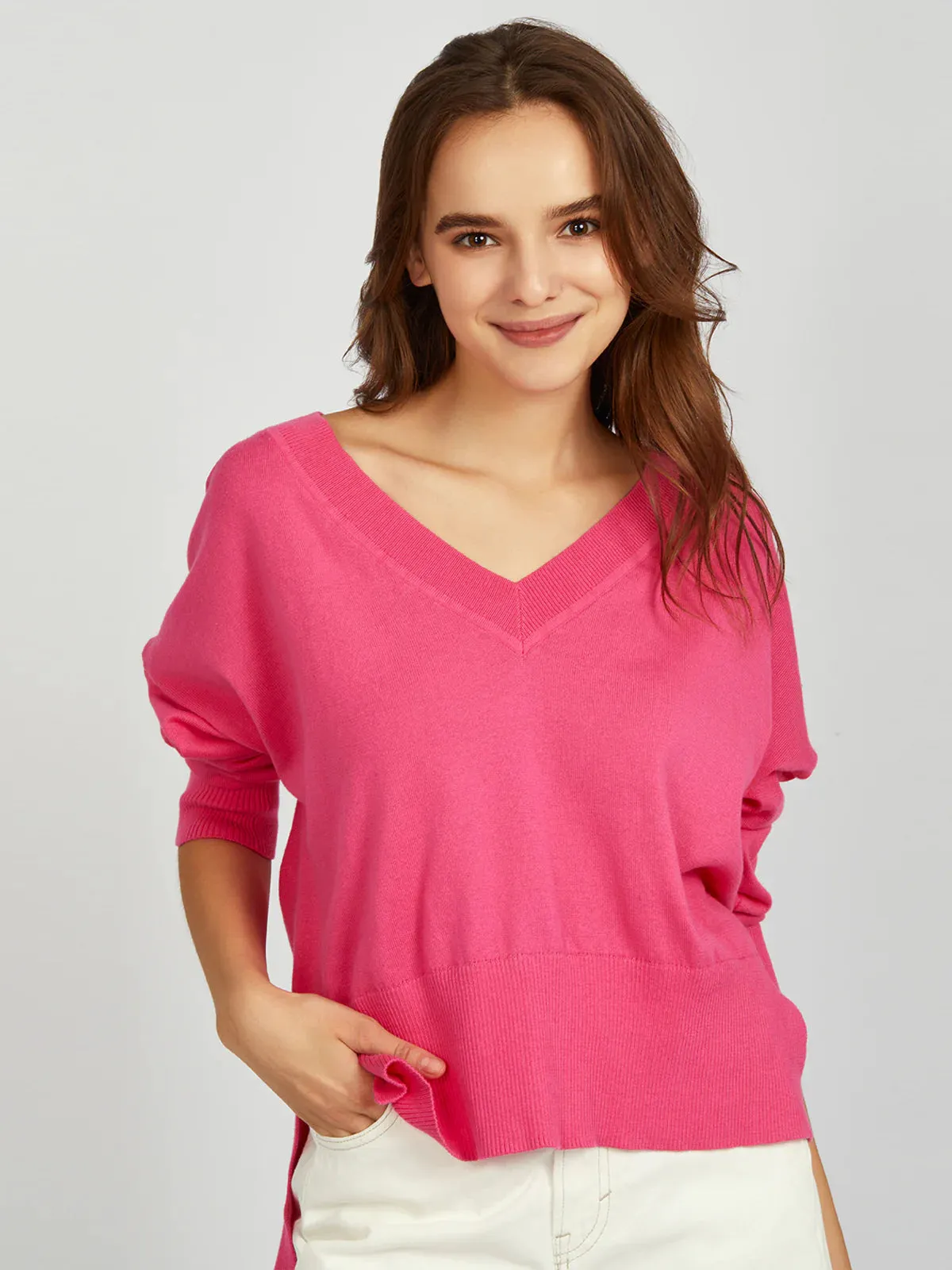 Noor Oversized V Neck Pullover - Shocking Pink