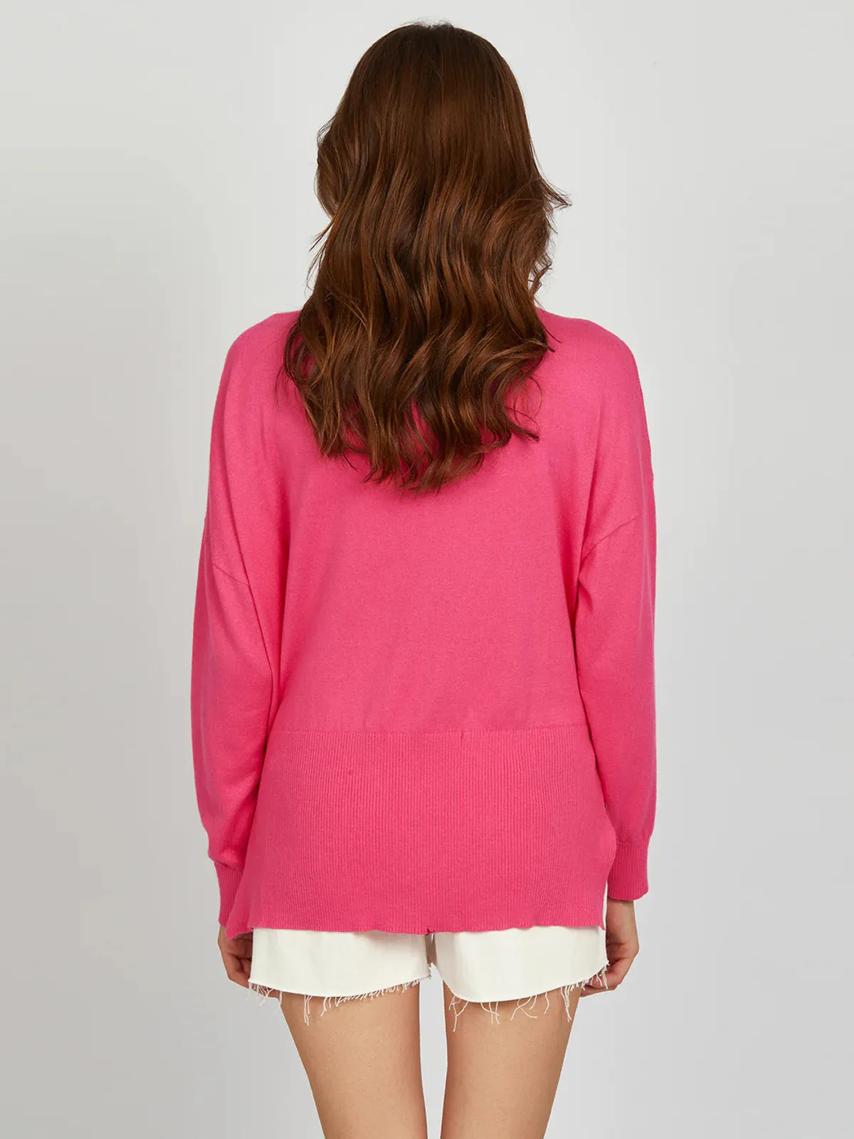 Noor Oversized V Neck Pullover - Shocking Pink