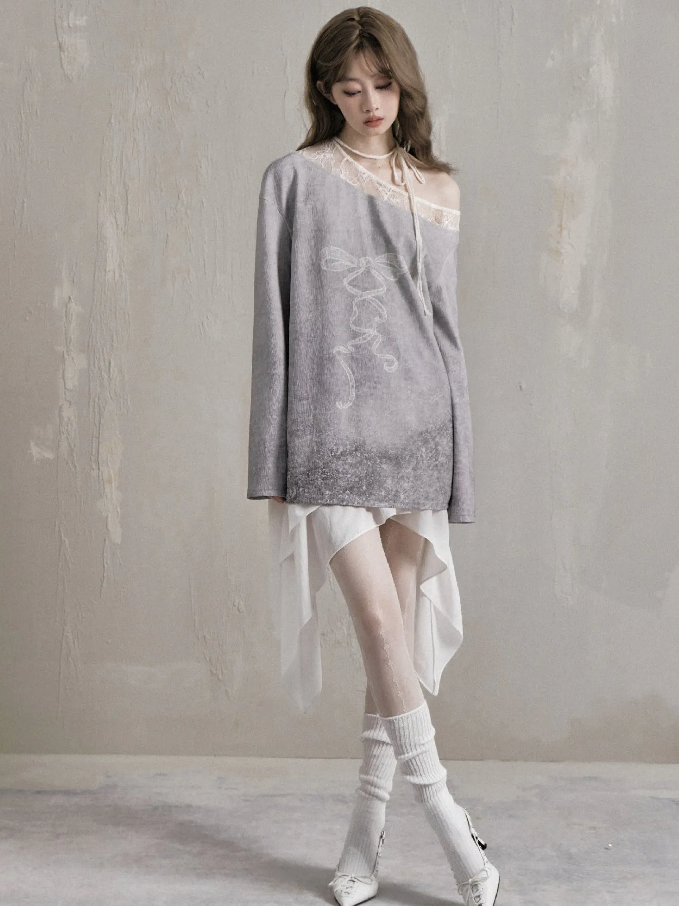 One-shoulder Lace Patchwork Loose Printed Pullover