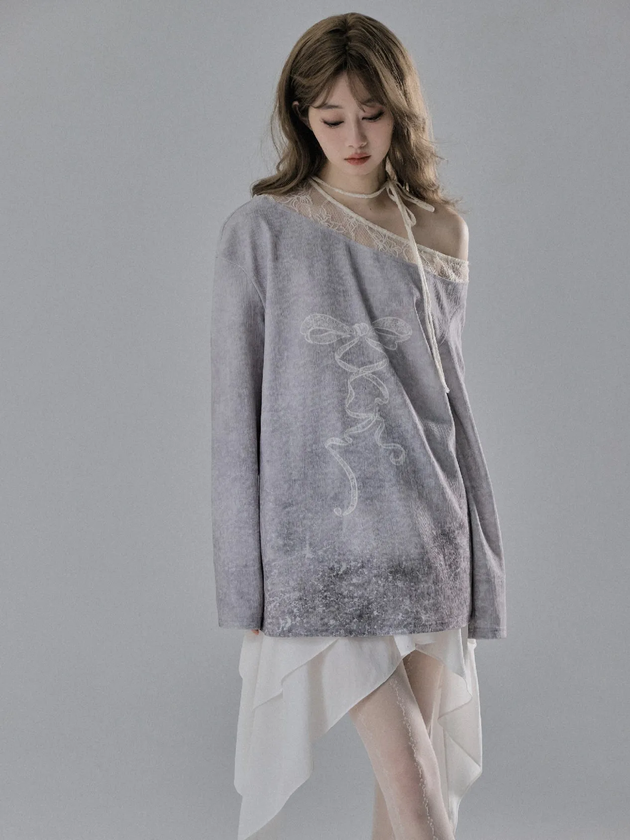 One-shoulder Lace Patchwork Loose Printed Pullover