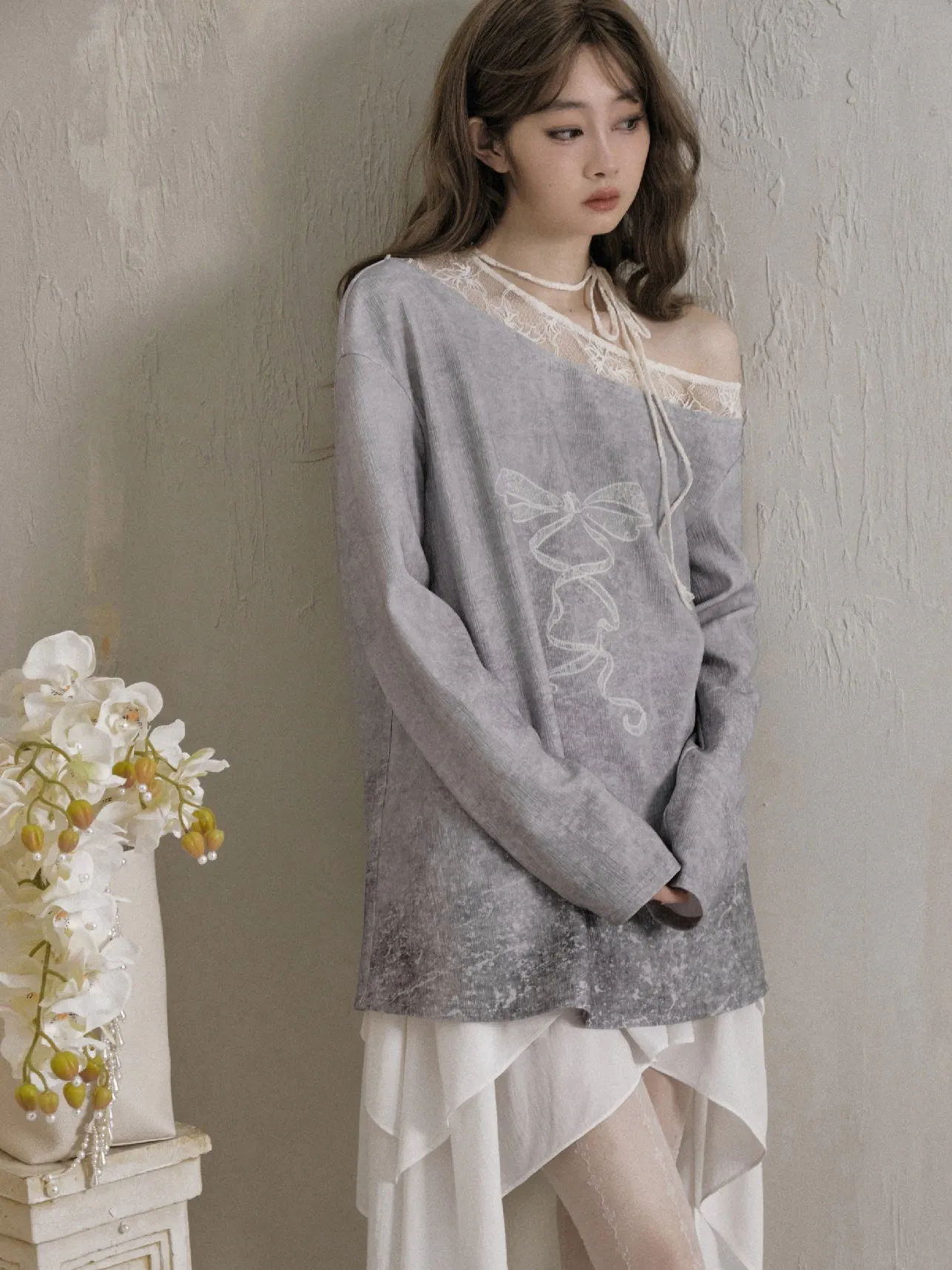 One-shoulder Lace Patchwork Loose Printed Pullover