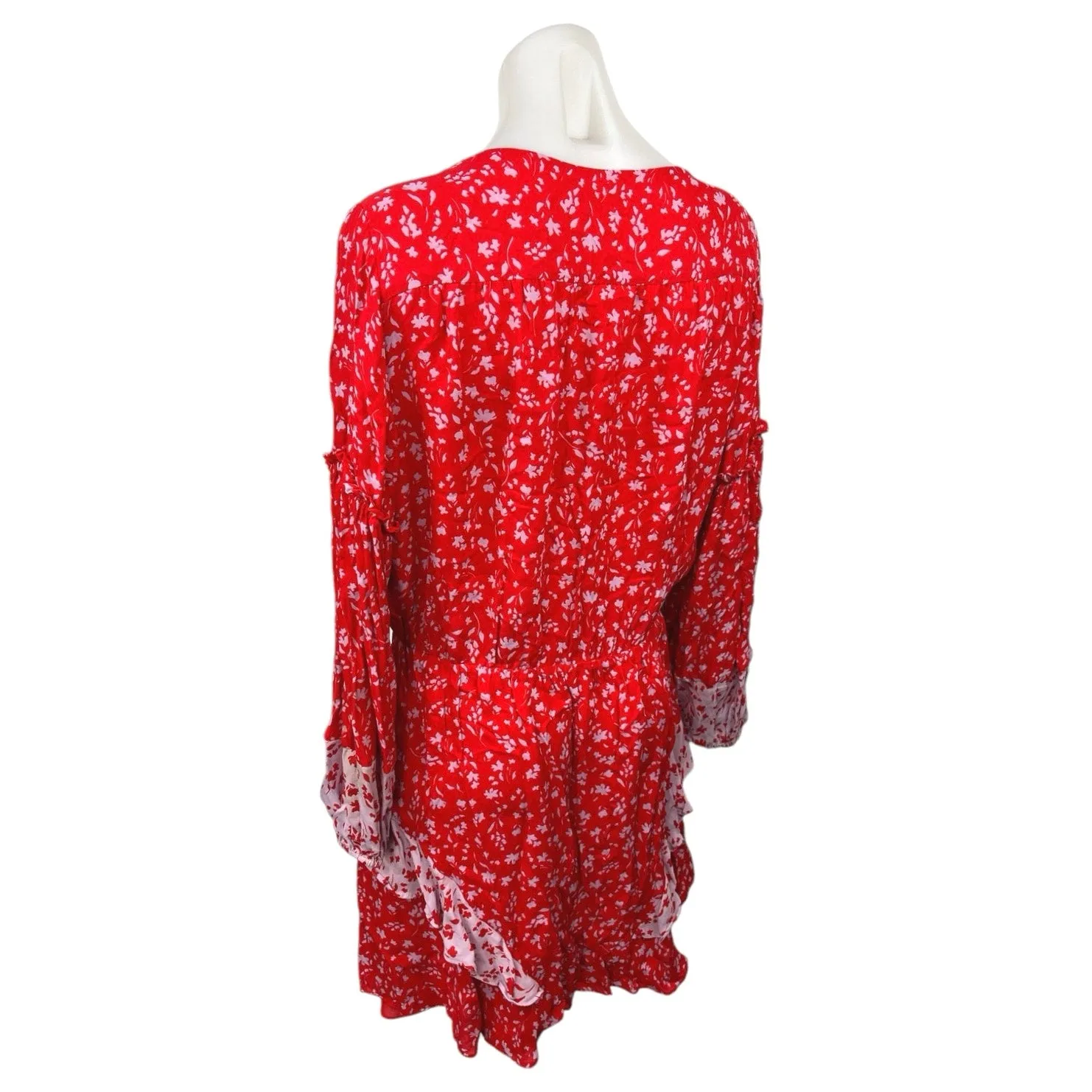 Parker Red Floral Silk Ruffle V-neck Long Sleeve Faux Wrap Mini A-line Dress L