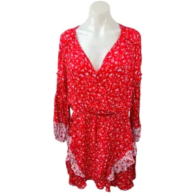 Parker Red Floral Silk Ruffle V-neck Long Sleeve Faux Wrap Mini A-line Dress L