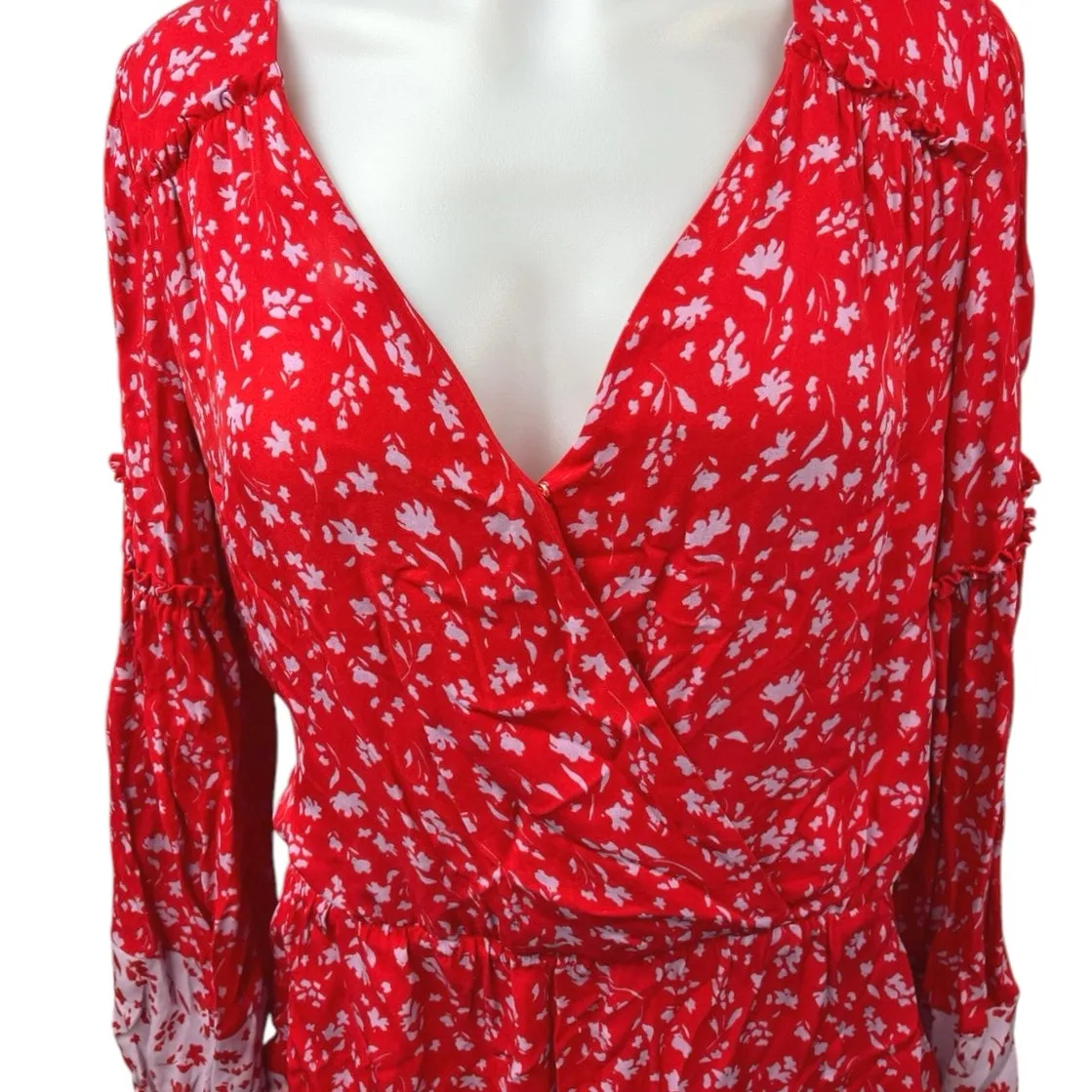 Parker Red Floral Silk Ruffle V-neck Long Sleeve Faux Wrap Mini A-line Dress L