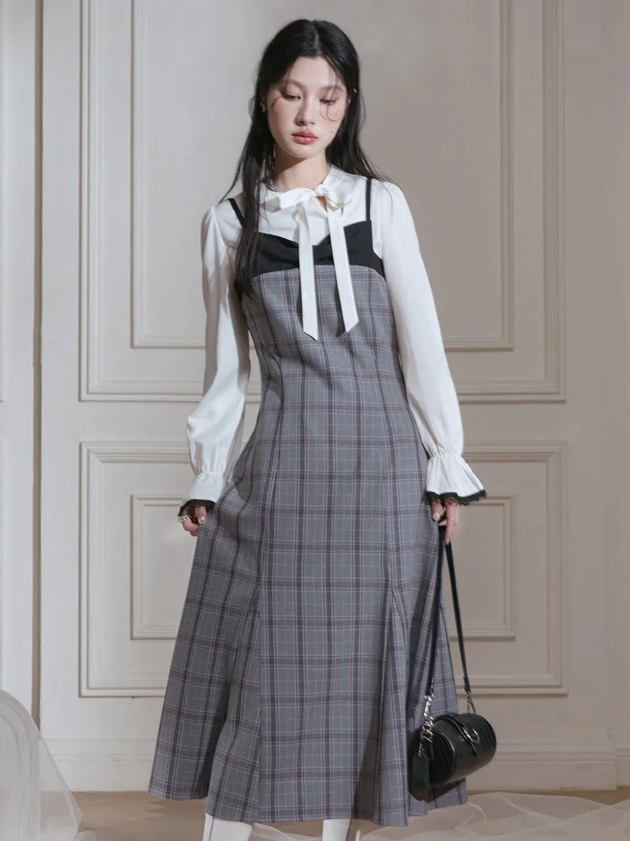 Plaid Suspender Skirt & Bow Tie Pullover Shirt Set-up