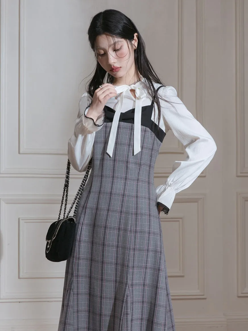 Plaid Suspender Skirt & Bow Tie Pullover Shirt Set-up