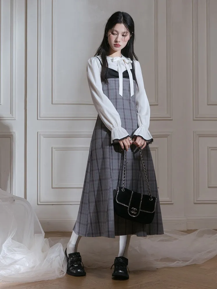 Plaid Suspender Skirt & Bow Tie Pullover Shirt Set-up