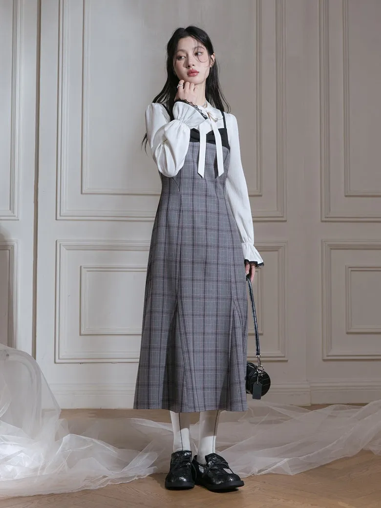 Plaid Suspender Skirt & Bow Tie Pullover Shirt Set-up