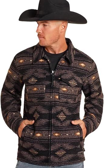 Powder River Men's Aztec Border Berber Jacket in Black