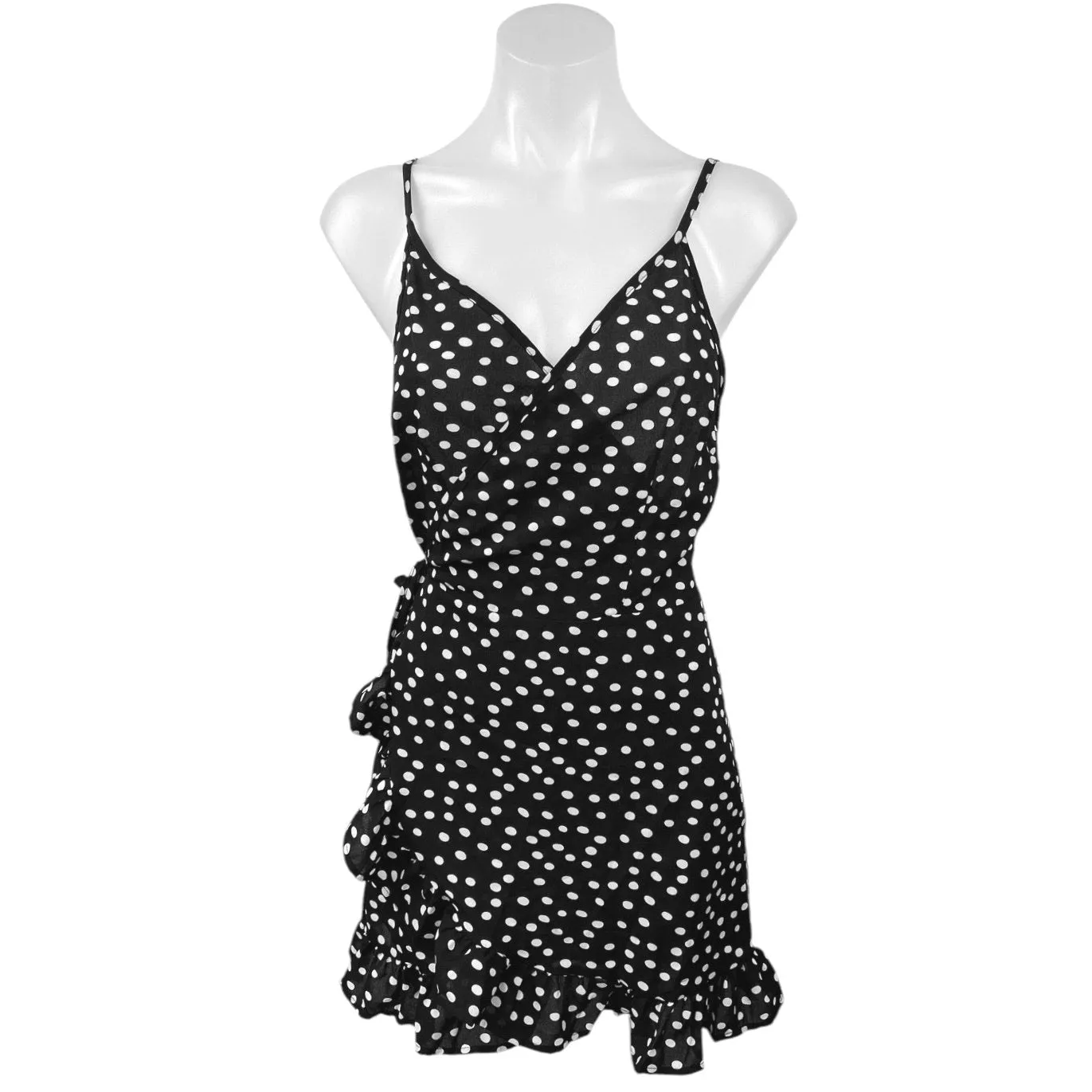 Princess Polly Black White Polka Dots Ruffle Sleeveless Mini Wrap Dress Size 8